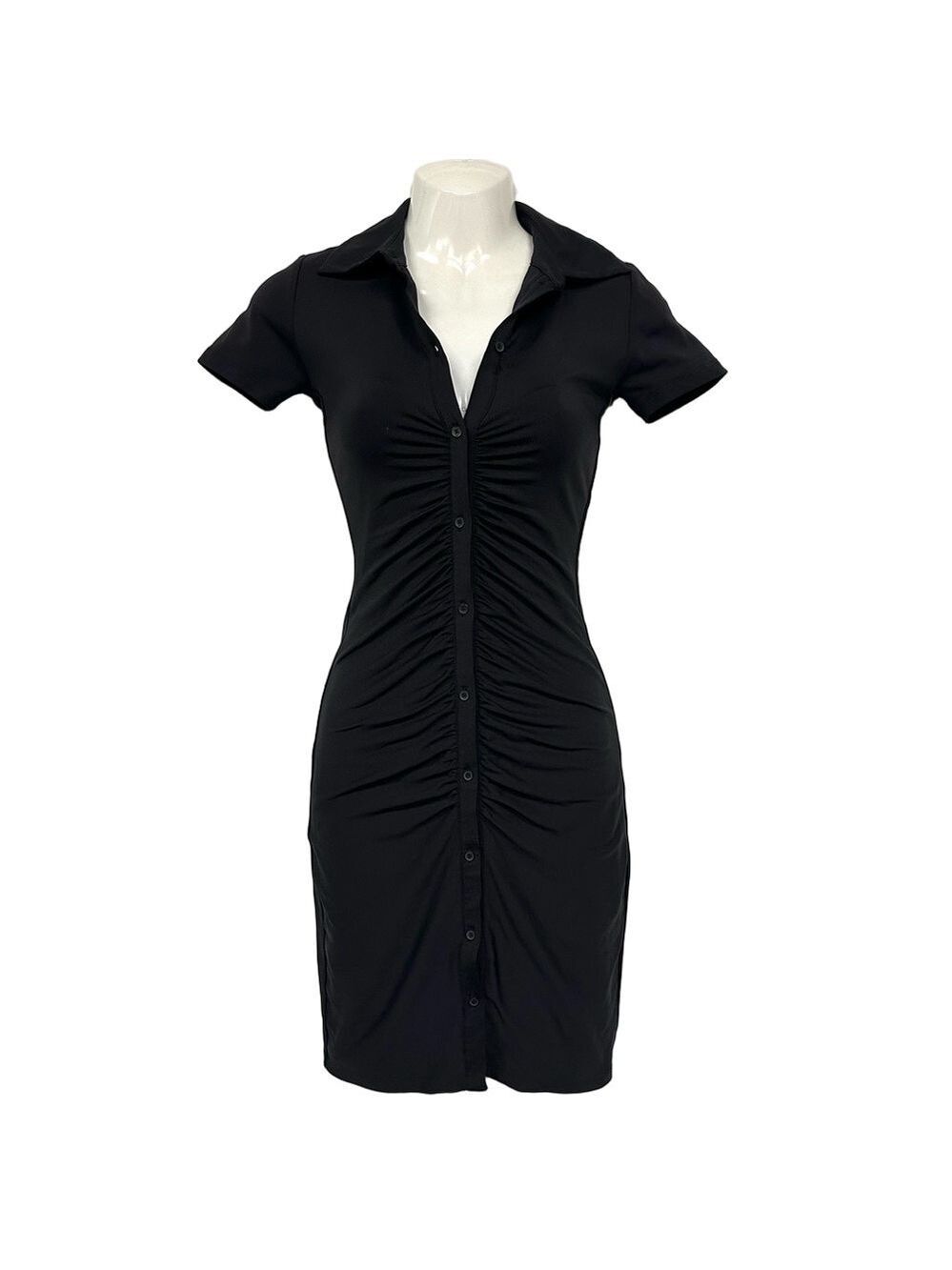 Aritzia Babaton black ruched front dress 2XS button down short sleeve Bodycon